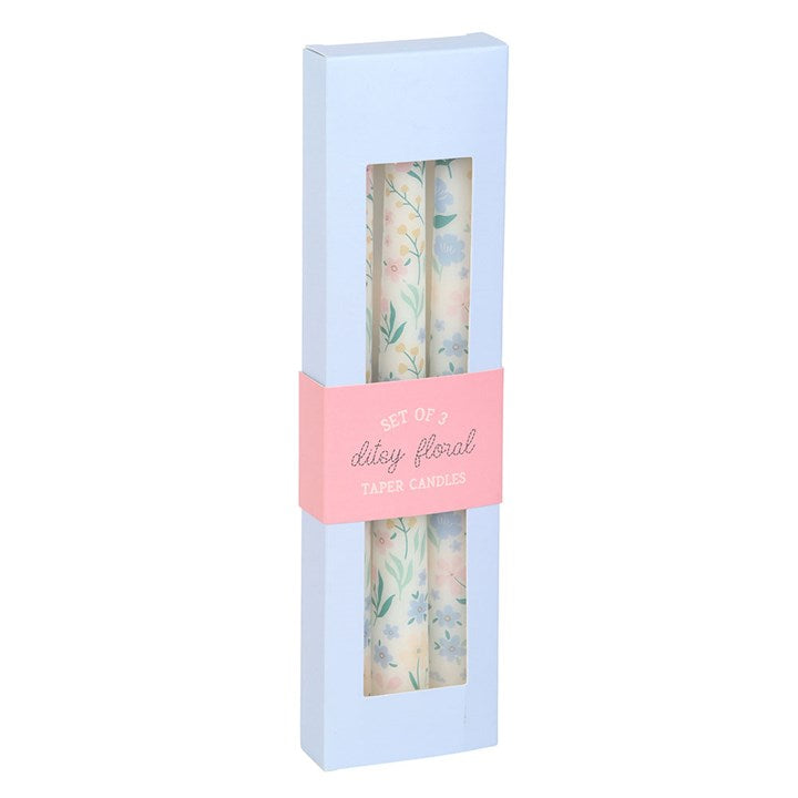 Set of 3 Ditsy Floral Taper Candles - Unscented, perfect for stylish table settings and home décor accents.