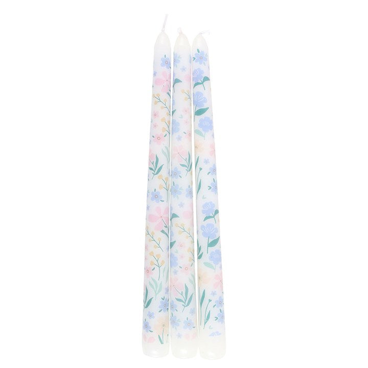Set of 3 Ditsy Floral Taper Candles - Unscented, perfect for enhancing any table setting with a fresh spring touch.