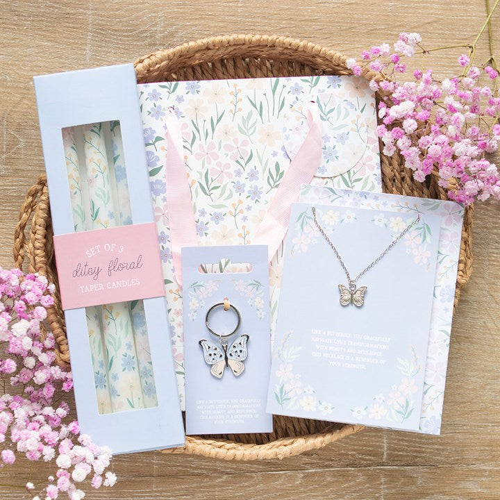 Set of 3 Ditsy Floral Taper Candles - Unscented, perfect for enhancing table settings with a fresh, spring look.