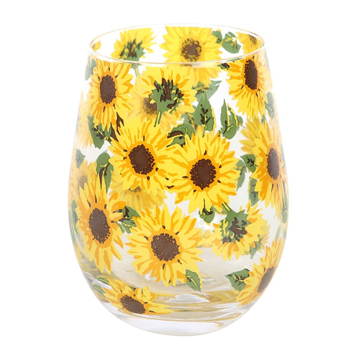 Brighten your day with the Sunflower Print Stemless Glass featuring cheerful sunflowers, great for any beverage.