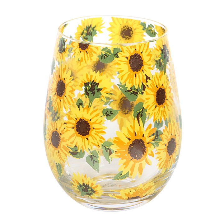 Cheerful Sunflower Print Stemless Glass features vibrant sunflowers, perfect for brightening your sipping experience.