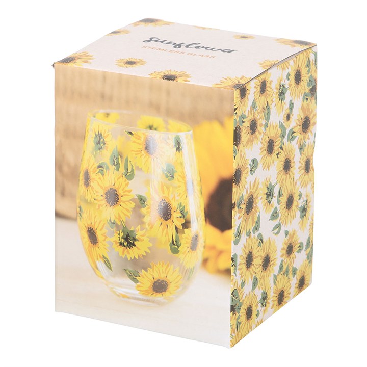 Cheerful Sunflower Print Stemless Glass with vibrant sunflower design, perfect for brightening every sip.