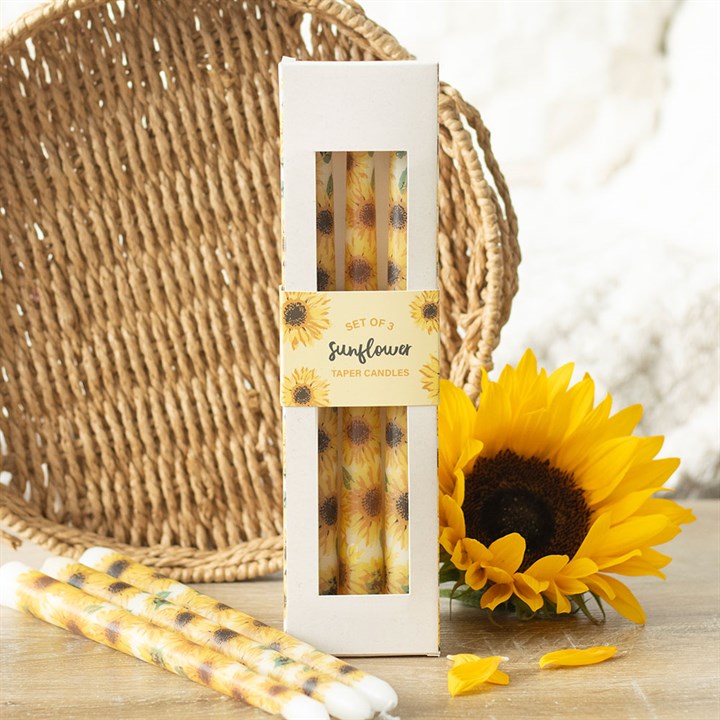 Set of 3 Sunflower Taper Candles, perfect for brightening summer table settings and home décor accents.