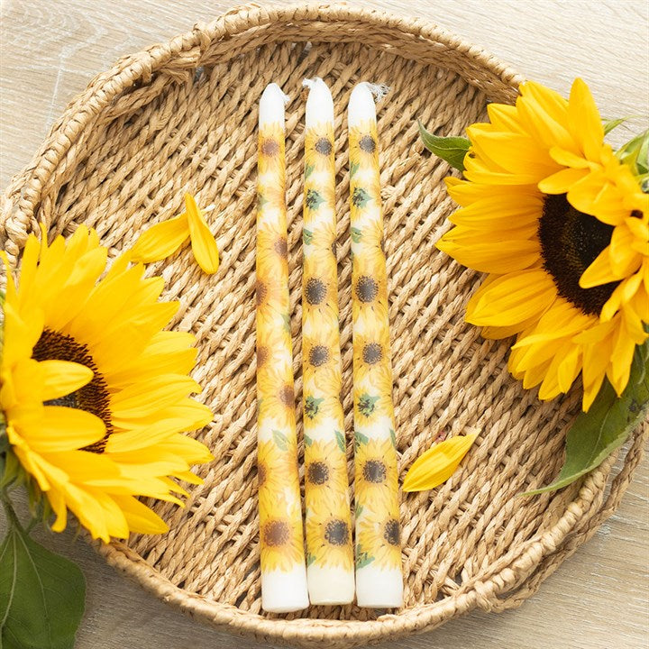 Set of 3 Sunflower Taper Candles displayed with sunflowers, perfect for summer table settings and home décor.