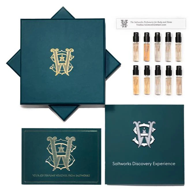 Discovery Set from Saltworks: 10x2ml fragrance vials in teal box with gold crest, voucher and info card.