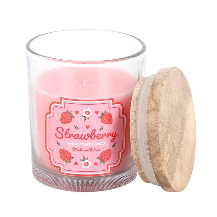 Sweet Strawberry Scented Candle in a floral glass holder with a wooden lid, perfect for gifting and enhancing your space.