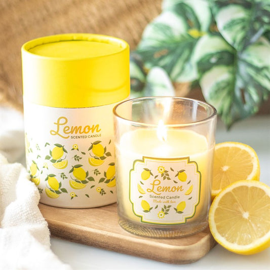 Lemon Scented Candle in a fruity design, perfect for gifting with a burn time of 25 hours. Brighten your space!