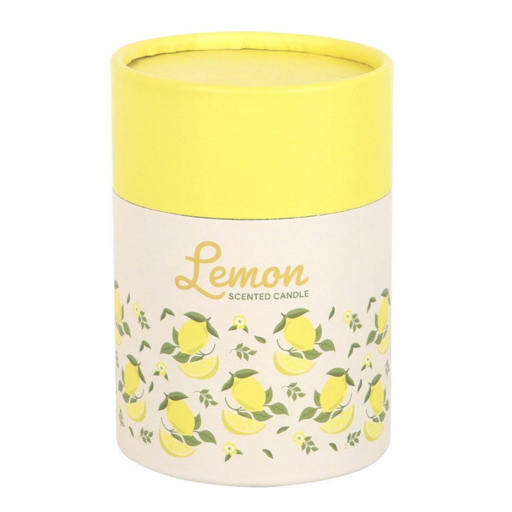 Brighten your space with the Lemon Scented Candle, beautifully packaged in a fruity lemon print cylinder box.
