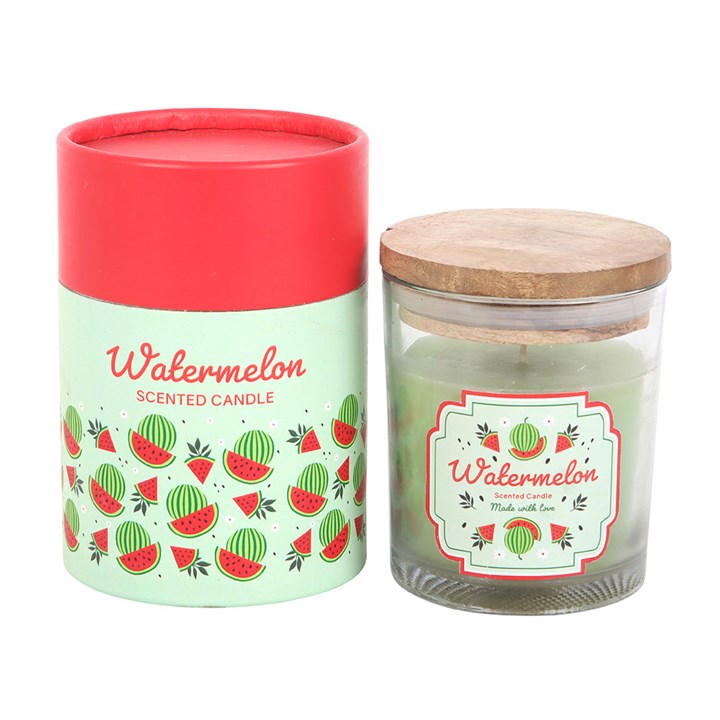 Watermelon Scented Candle in a glass holder with fruity design, perfect for gifting and brightening your space.
