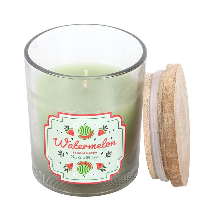 Watermelon Scented Candle in a glass holder with a fruity design and wooden lid, perfect for gifting.