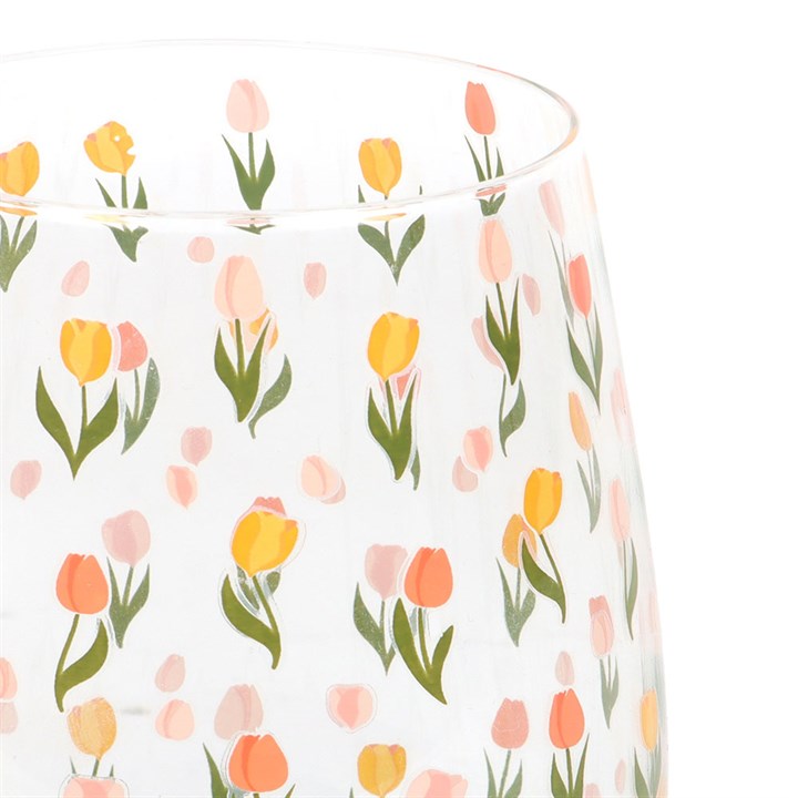 Tulip Print Stemless Glass with colourful tulips, ideal for spring celebrations and garden parties.