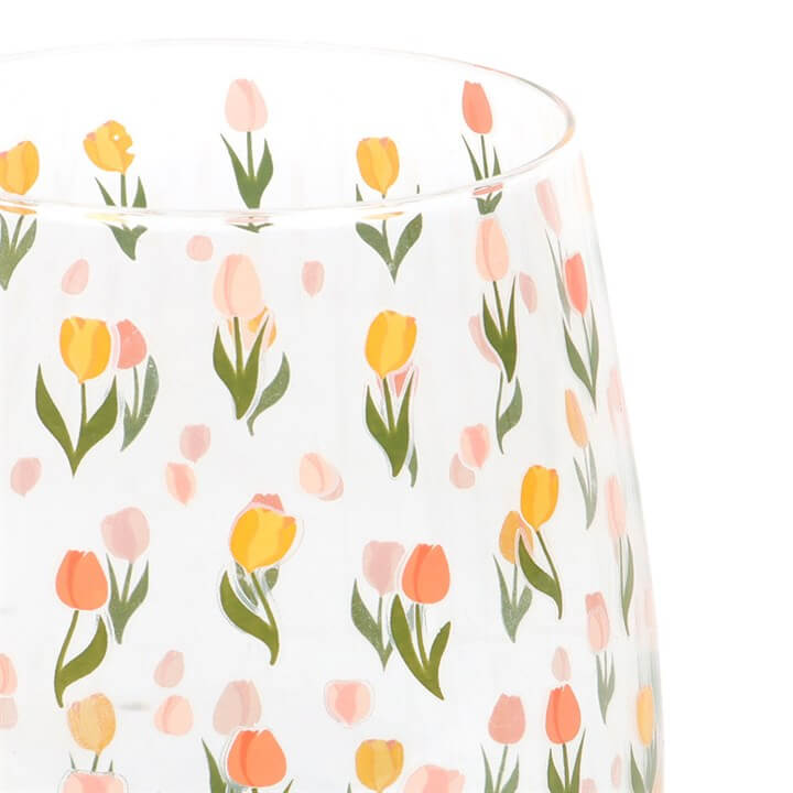 Tulip Print Stemless Glass with colourful tulips, ideal for spring celebrations and garden parties.