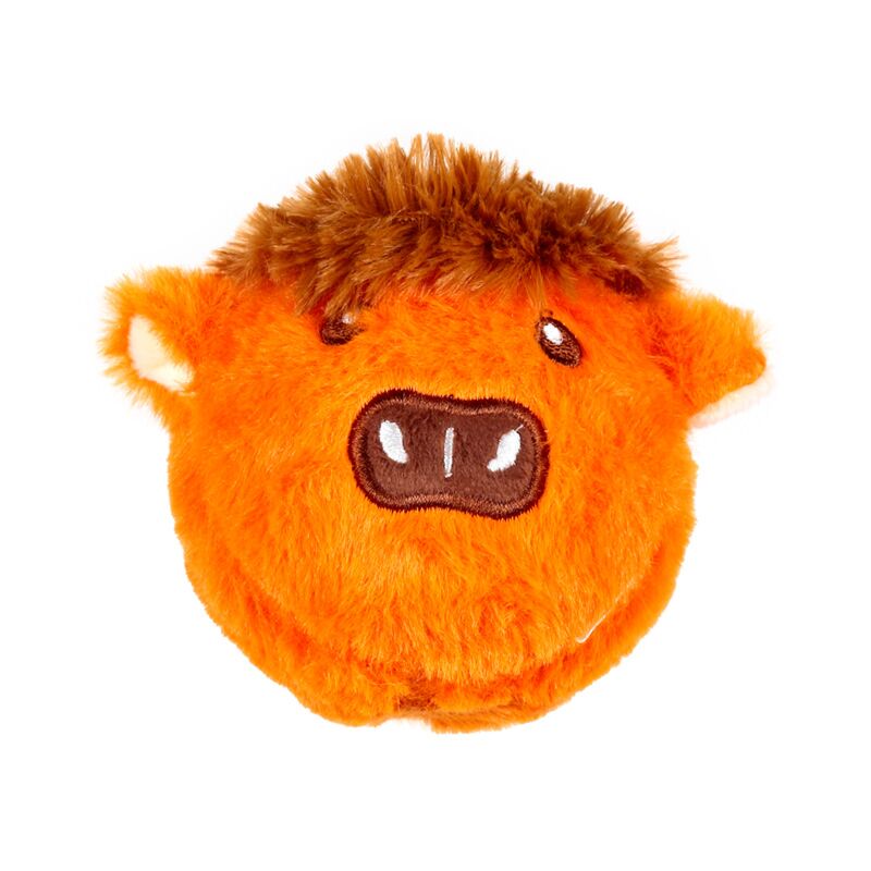 High Bounce Plush Ball Toy: Hairy Coos Highland Coo plush ball, orange fuzzy with brown tuft and snout.