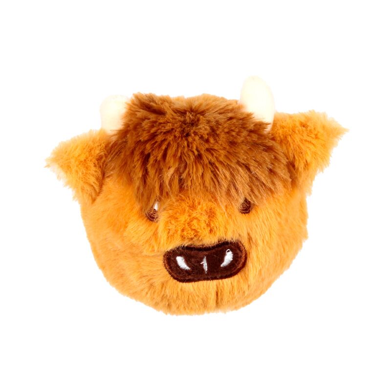 High Bounce Hairy Coos Highland Coo plush ball toy head with shaggy orange fur and small horns