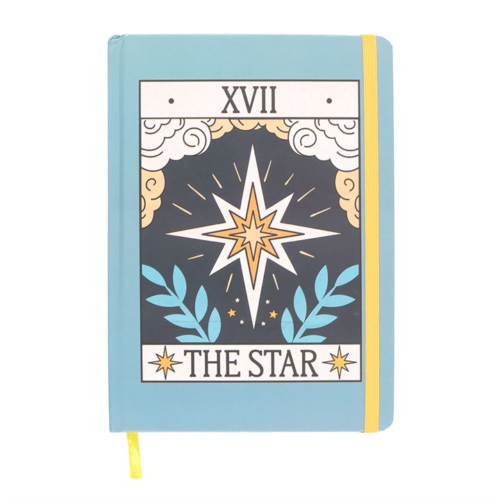 Blue The Star Vintage Tarot A5 Notebook with tarot card cover art, yellow elastic band and ribbon bookmark.