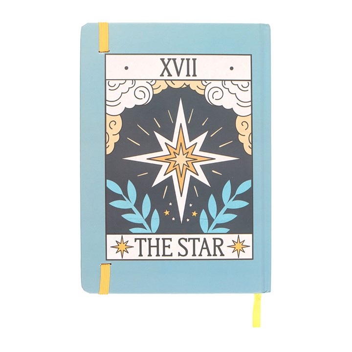 The Star Vintage Tarot A5 Notebook: turquoise cover with Star tarot card design, gold-edged pages and yellow ribbons.