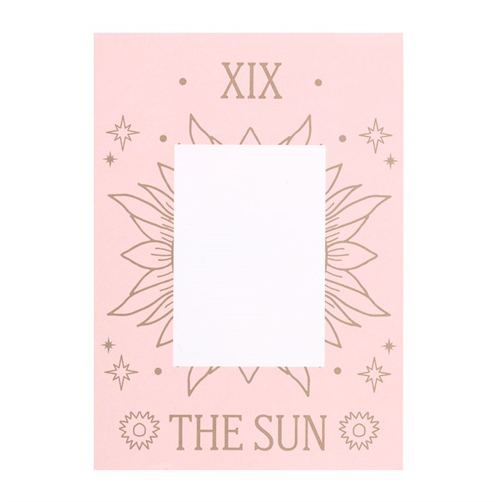 Gold-toned pendant necklace featuring The Sun Tarot Card on a pink illustrated greeting card.
