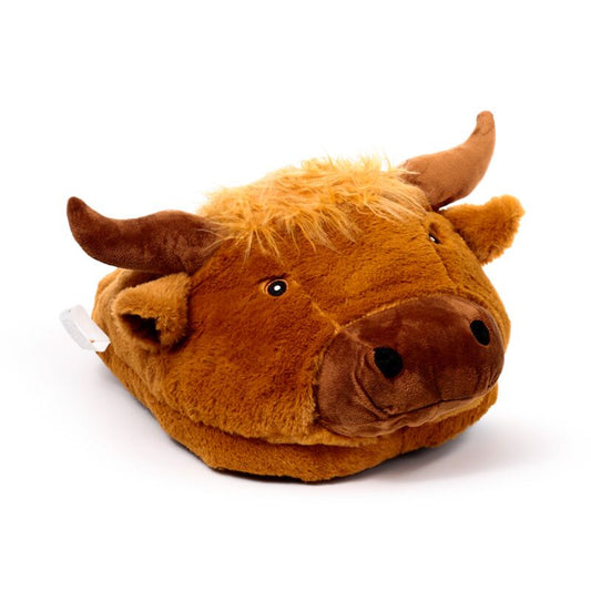 Plush Maxi slipper foot warmer in Highland Coo cow design, brown fur with horns.