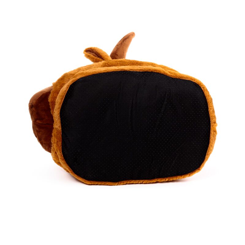 Highland Coo plush maxi slipper foot warmer with soft orange-brown fur and a black sole.
