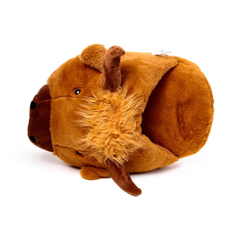 Highland Coo plush foot warmer slipper, brown with furry mane and horns.