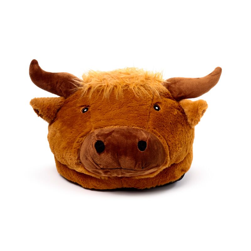 Plush Highland Coo head slipper foot warmer in brown fur with horns