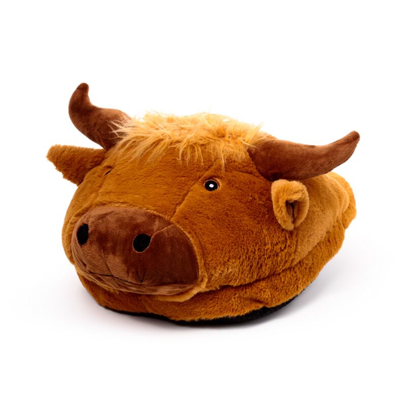 Plush Maxi Slipper Foot Warmer – Highland Coo, cosy brown cow-shaped slipper with horns and fluffy mane.