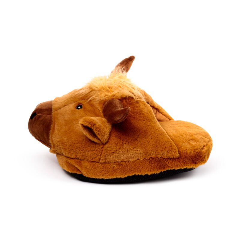 Plush Maxi Slipper Foot Warmer in Highland Coo style, brown cow design with horns for cosy toes.