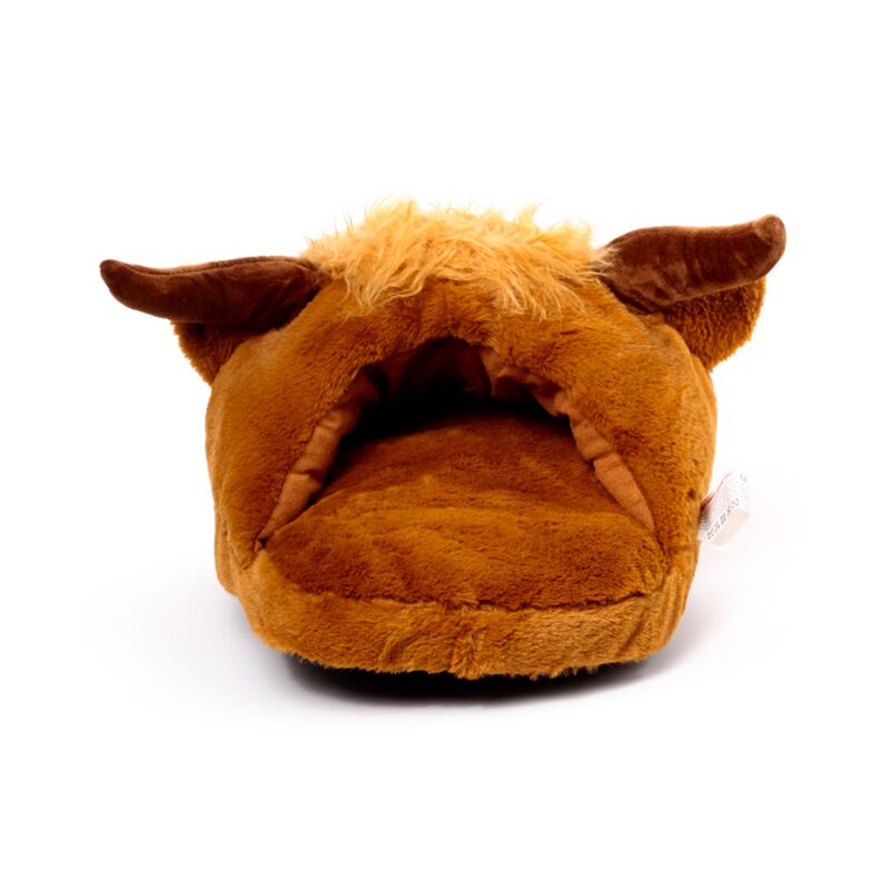 Plush Maxi Slipper Foot Warmer Highland Coo, brown cow-themed slipper with horns and cosy fleece.