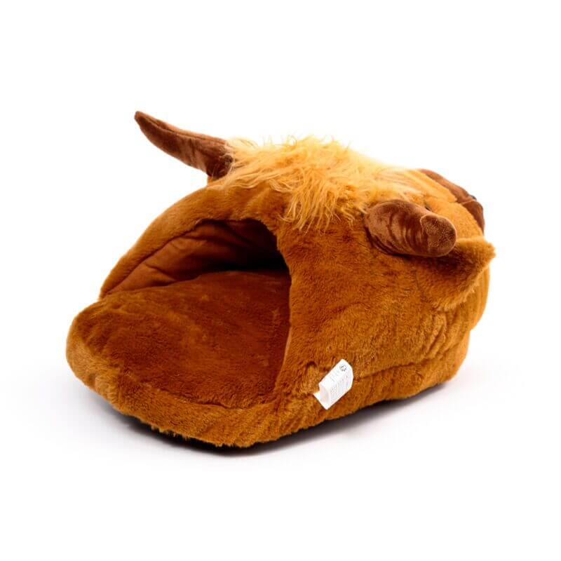 Brown Highland Coo plush maxi slipper foot warmer with horns and fluffy mane.