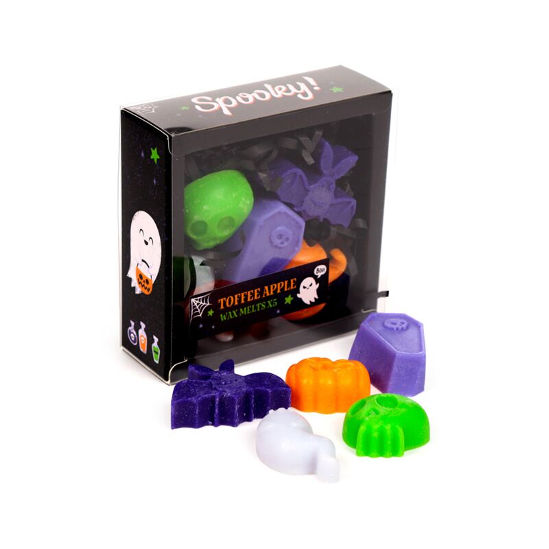 Handmade wax melt set of 5 Spooky Toffee Apple scents in Halloween shapes, boxed with window.