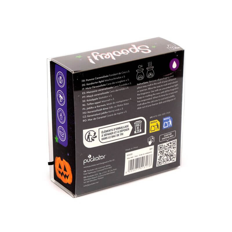 Back of dark Halloween box for Handmade Wax Melt Set of 5 – Spooky, Toffee Apple scent, pumpkin graphic.