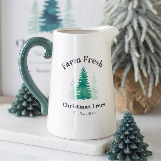 Farm Fresh Christmas Trees Ceramic Flower Jug Coming Back Soon 24/7, perfect for festive décor and seasonal blooms.
