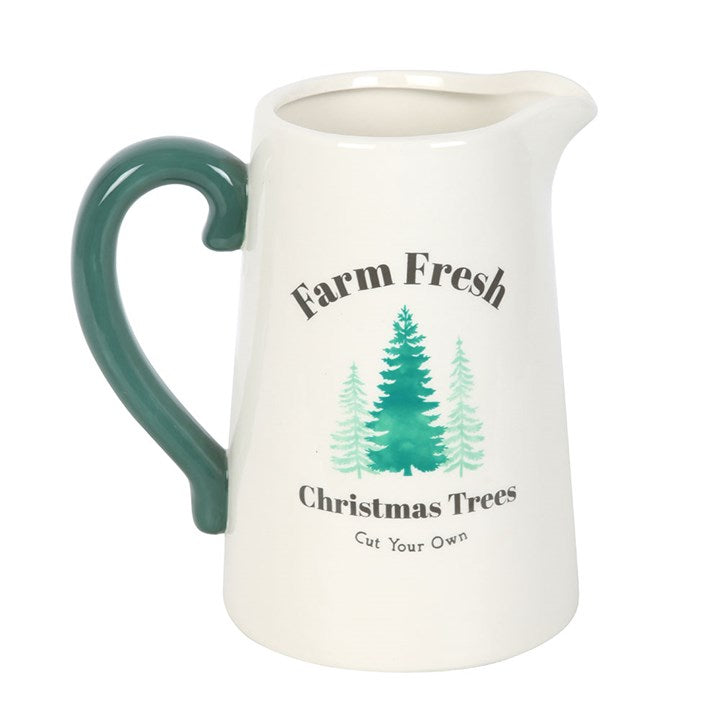Farm Fresh Christmas Trees Ceramic Flower Jug Coming Back Soon 24/7, perfect for rustic festive decor and seasonal blooms.