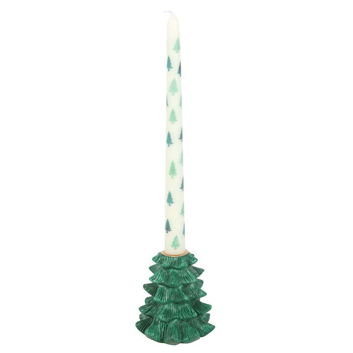 Green Fir Tree Candle Holder with Taper Candle - Unscented, perfect festive centrepiece for warm winter gatherings.
