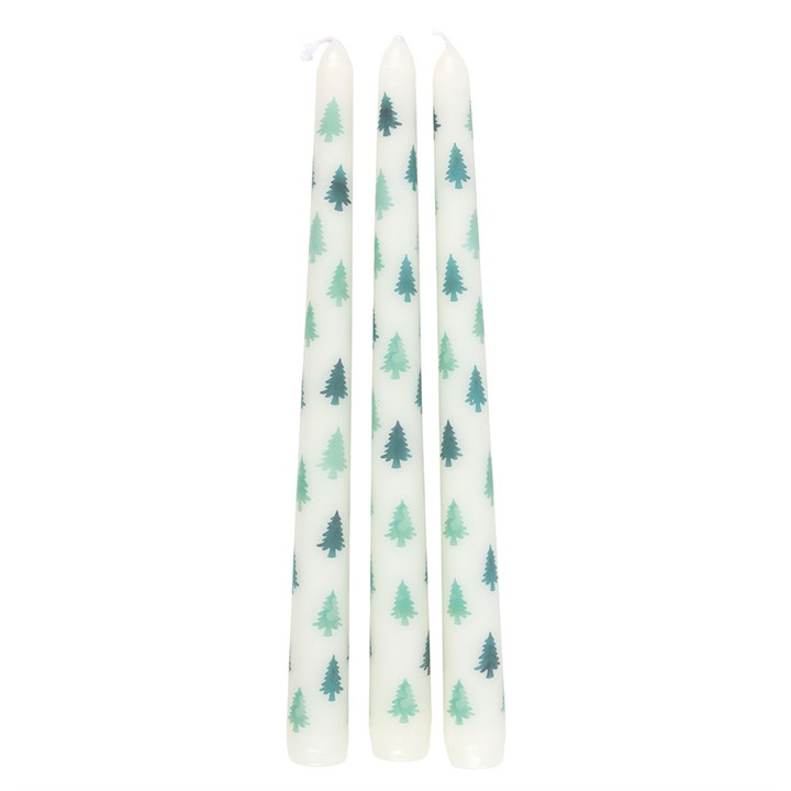 Set of 3 White Fir Tree Taper Candles - Unscented, perfect for festive tablescapes and holiday displays.