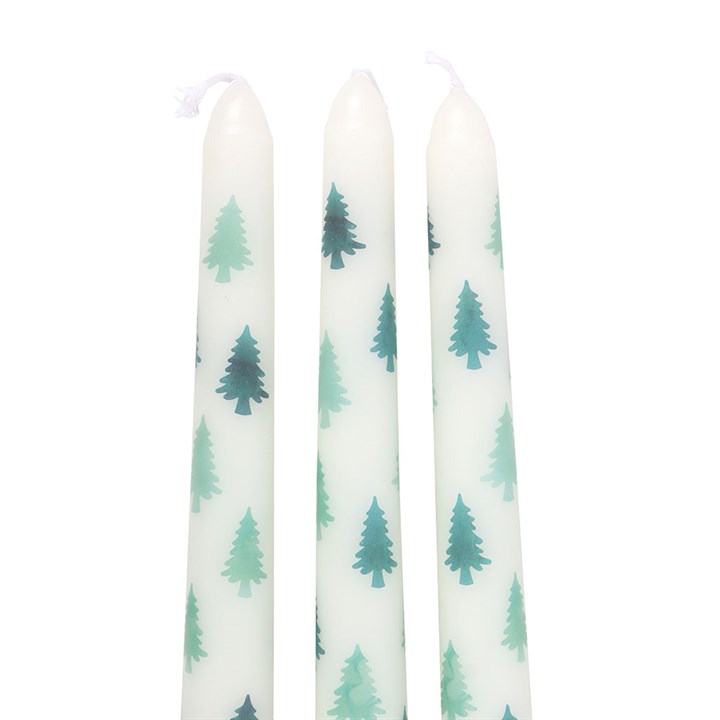 Set of 3 White Fir Tree Taper Candles - Unscented, perfect for festive tablescapes and holiday displays.