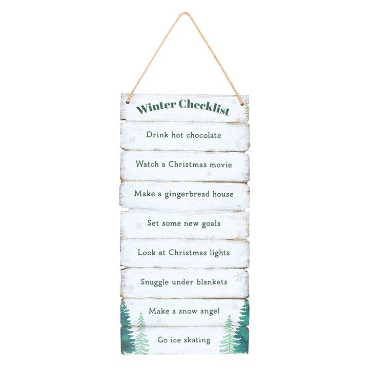 Winter Wonderland Checklist Hanging Sign displaying festive activities for a cosy winter season, perfect for Christmas décor.