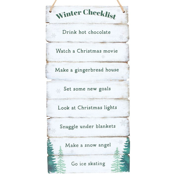 Charming Winter Wonderland Checklist Hanging Sign featuring festive activities, perfect for cozy Christmas décor.