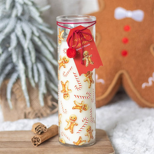 Candy Cane Warm Gingerbread Tube Candle features a festive design with gingerbread men and candy canes, perfect for holidays.