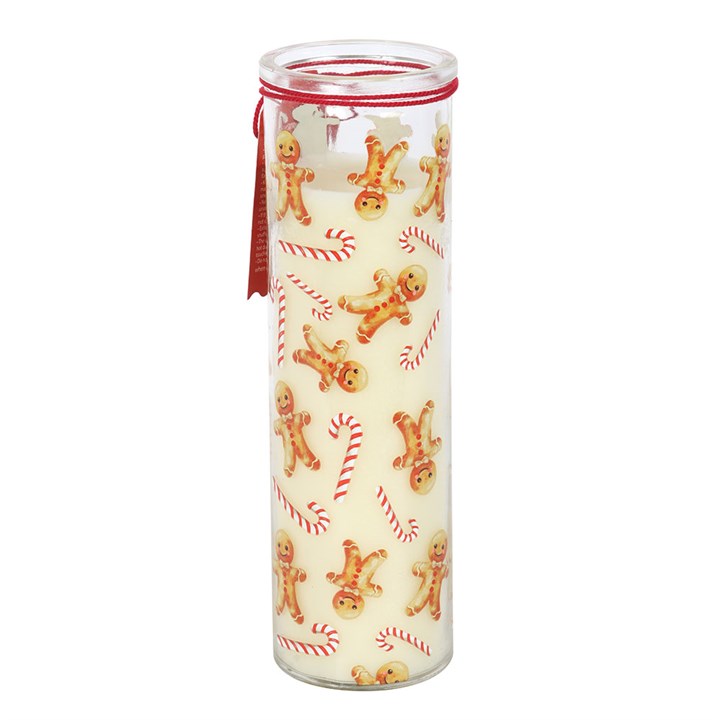Candy Cane Warm Gingerbread Tube Candle features a festive design with gingerbread men and candy canes, perfect for winter.