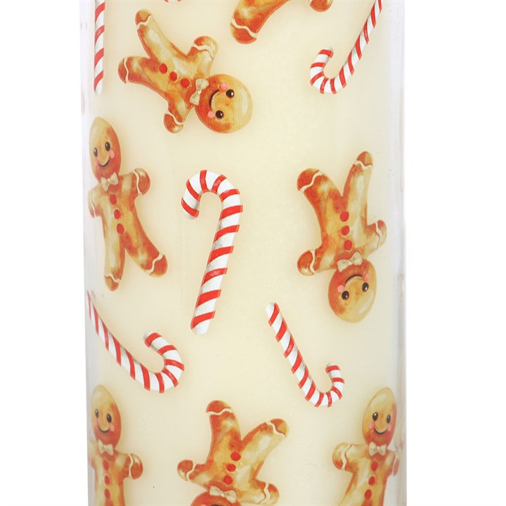 Candy Cane Warm Gingerbread Tube Candle with festive gingerbread man and candy cane print for a cosy holiday atmosphere.