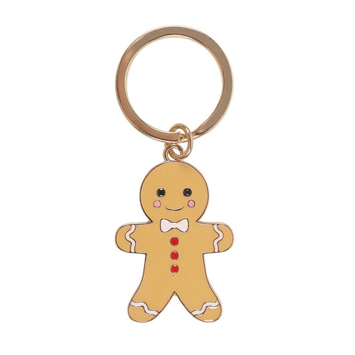 Gingerbread Man Keyring featuring a smiling gingerbread figure with white icing, bow tie and red buttons.