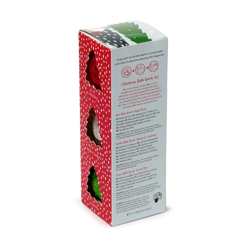 Handmade Bath Bomb Set of 3 – Christmas Gonk in a red dotted box with a window revealing three coloured bath bombs.