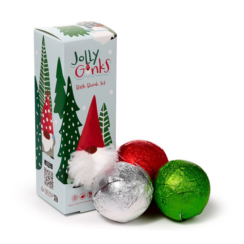 Handmade Bath Bomb Set of 3 - Christmas Gonk with red, green and silver foil-wrapped bath bombs beside a festive box.