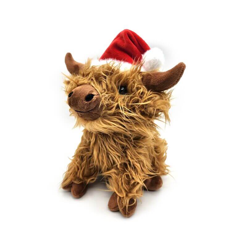Plush door stop: Christmas Highland Coo wearing a Santa hat, with fluffy brown fur and a cute face.