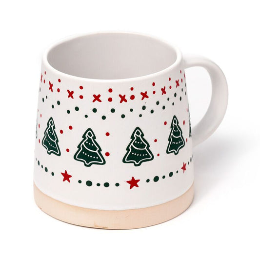 Stoneware mug with Christmas tree pattern in green, red stars and dots on white with a beige base.