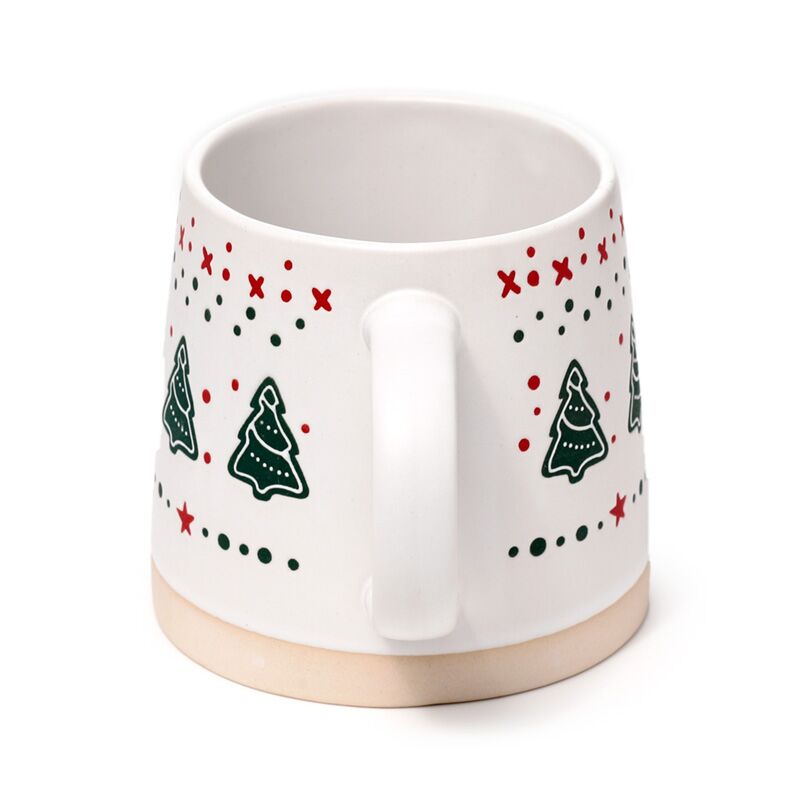 Stoneware Mug - Christmas Tree with white glaze, green trees and red dots on a beige base.