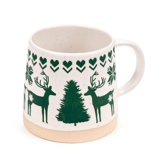Stoneware Mug - Green Reindeer: white speckled ceramic with green reindeer and Christmas tree motif, beige base.