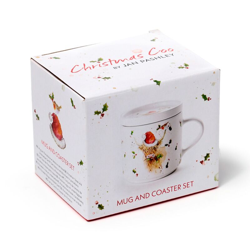 Porcelain mug and coaster lid set featuring Christmas Highland Coo design by Jan Pashley.
