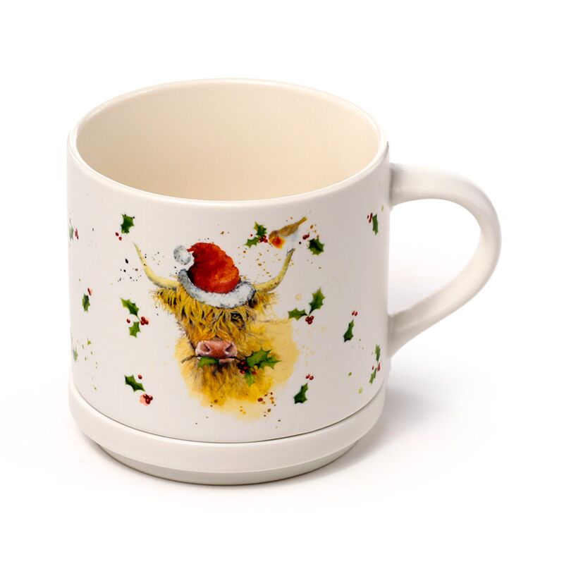 Porcelain mug and coaster lid set featuring a Highland Coo in a Santa hat with holly, Christmas design.
